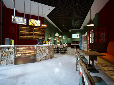 Cozy Restaurant Interior Design With Pastry Display Seating Area Colorful Tiles And Pendant Lights 3d model