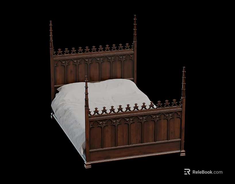 Traditional Wooden Double Bed With Intricate Carved Posts And Ornamental Details 3d model 