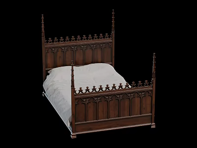 Traditional Wooden Double Bed With Intricate Carved Posts And Ornamental Details 3d model