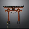 Traditional Japanese Torii Gate With Red Pillars Black Roof And Hanging Bell
