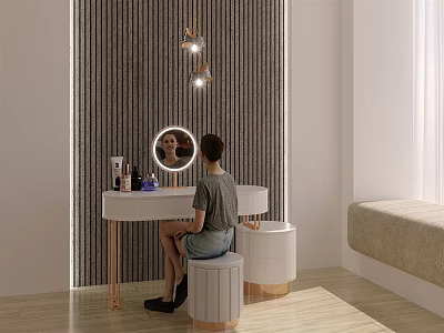 Modern Dressing Table Interior With Round Mirror Pendant Lights Textured Wall And Stool 3d model
