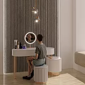 Modern Dressing Table Interior With Round Mirror Pendant Lights Textured Wall And Stool 3d model