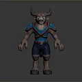 Bull Character Horned Creature With Blue Vest Pants Muscular Arms Standing Pose