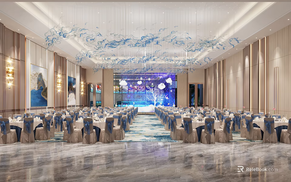 Elegant Banquet Hall Interior With Decorative Chandeliers Arranged Tables And Marble Floor Design 3d model 