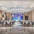 Elegant Banquet Hall Interior With Decorative Chandeliers Arranged Tables And Marble Floor Design
