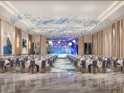 Elegant Banquet Hall Interior With Decorative Chandeliers Arranged Tables And Marble Floor Design 3d model
