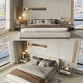 Modern Double Bed Bedroom Interior With Pillows Nightstands Windows And Lighting 3d model