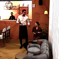 Cozy Café Interior With Stylish Seating Yellow Flowers And Relaxed Customers