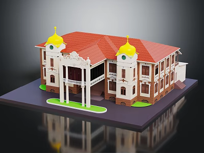 Traditional Building With Red Roof Yellow Domes White Columns Brown Walls And Balcony Design 3d model