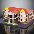 Traditional Building With Red Roof Yellow Domes White Columns Brown Walls And Balcony Design