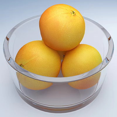 Three Fresh Grapefruits Displayed in Clear Glass Bowl on White Background 3d model