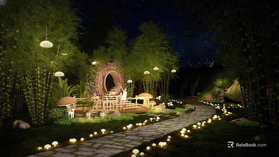 Illuminated Feature Wall with Bamboo Trees Mushroom Decor and Lanterns in Night Garden 3d model 
