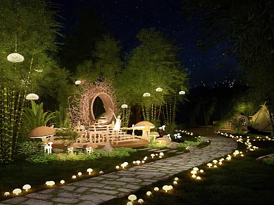 Illuminated Feature Wall with Bamboo Trees Mushroom Decor and Lanterns in Night Garden 3d model