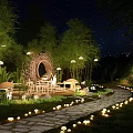 Illuminated Feature Wall with Bamboo Trees Mushroom Decor and Lanterns in Night Garden