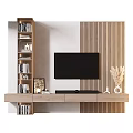 Modern Wooden Striped TV Wall With Bookshelf Decorative Elements And TV Stand