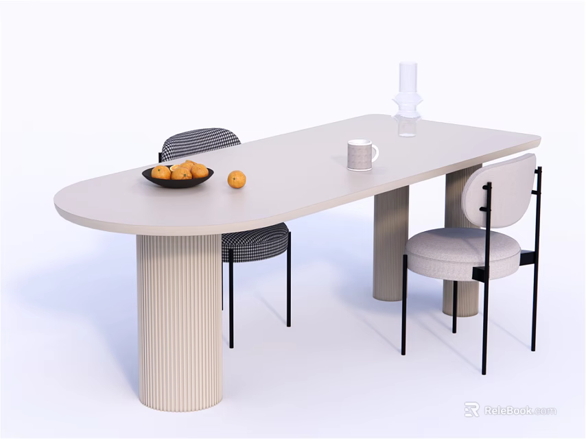 Modern Dining Table Set With Two Chairs Fruit Plate Cup And Vase 3d model