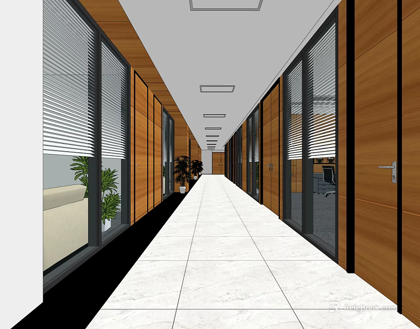 Modern Elevator Hallway With Wooden Walls Glass Doors Blinds Green Plants And White Tiled Floor 3d model 