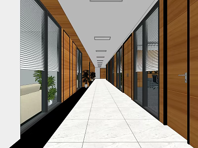 Modern Elevator Hallway With Wooden Walls Glass Doors Blinds Green Plants And White Tiled Floor 3d model