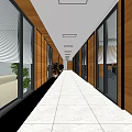 Modern Elevator Hallway With Wooden Walls Glass Doors Blinds Green Plants And White Tiled Floor
