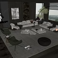 Modern Living Room Sofa And Coffee Table Set With Ottoman Green Plant And Large Windows