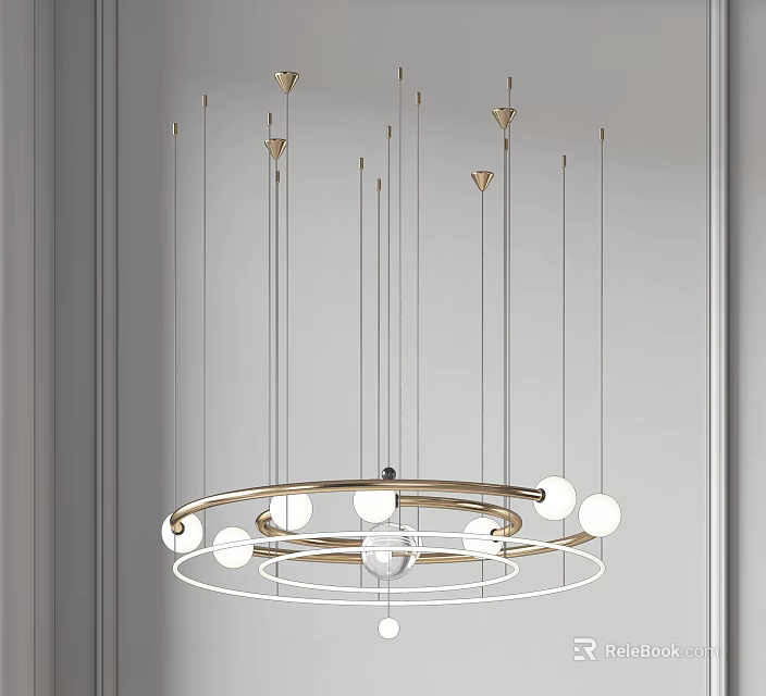 Modern Sleek Metallic Chandelier with Circular Ring and Suspended White Spherical Bulbs 3d model 