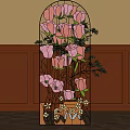 Stained Glass Window with Pink Roses Surrounded by Brown Walls and Wooden Floor