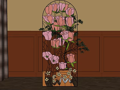 Stained Glass Window with Pink Roses Surrounded by Brown Walls and Wooden Floor 3d model