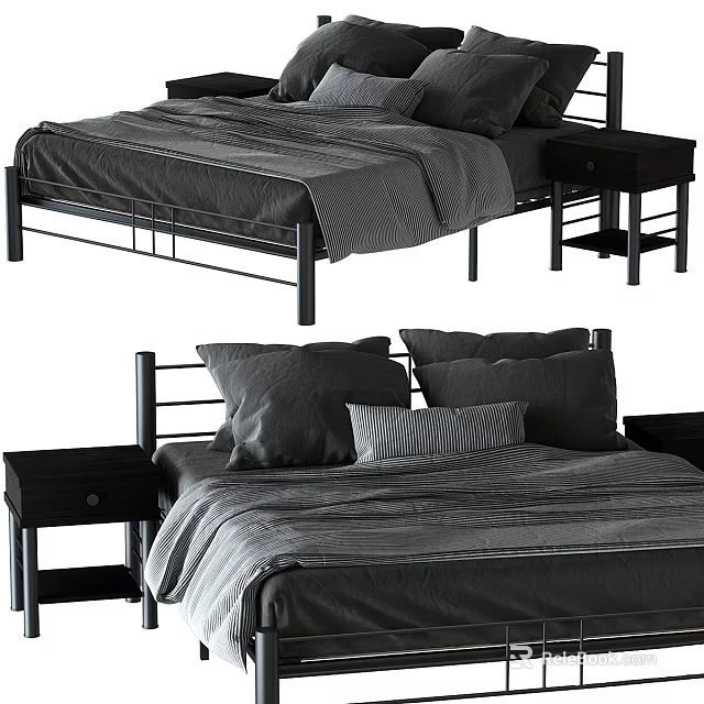 Modern Double Bed Design With Metal Frame Mattress Pillows And Nightstand 3d model 