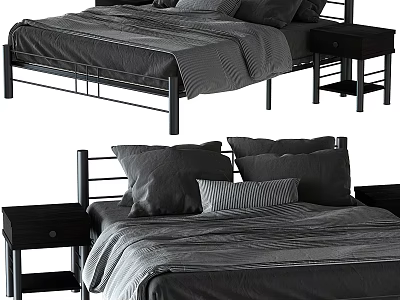 Modern Double Bed Design With Metal Frame Mattress Pillows And Nightstand 3d model