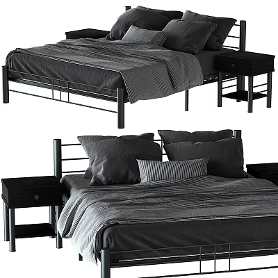 Modern Double Bed Design With Metal Frame Mattress Pillows And Nightstand 3d model