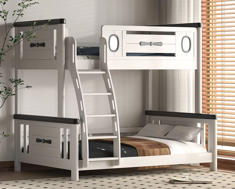 Modern White Bunk Bed With Ladder Storage Drawers And Soft Mattress For Kids Bedroom 3d model 