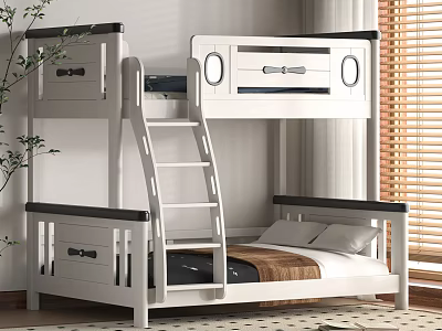 Modern White Bunk Bed With Ladder Storage Drawers And Soft Mattress For Kids Bedroom 3d model