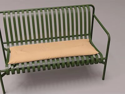 Green Metal Frame Leisure Chair With Slatted Design And Beige Cushion 3d model