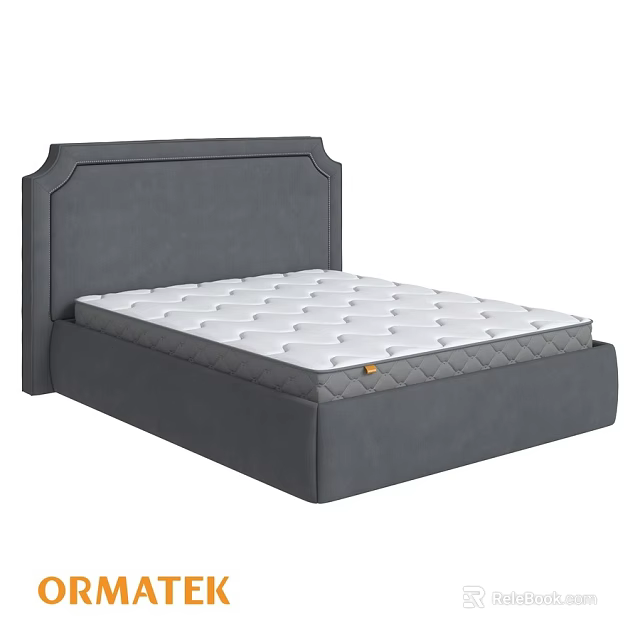 Modern Double Bed With Gray Upholstered Headboard And White Quilted Mattress 3d model 