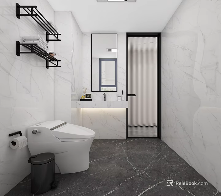 Modern Minimalist White Marble Bathroom With Smart Toilet And Black Framed Glass Shower Door 3d model 