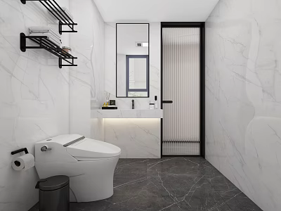 Modern Minimalist White Marble Bathroom With Smart Toilet And Black Framed Glass Shower Door 3d model