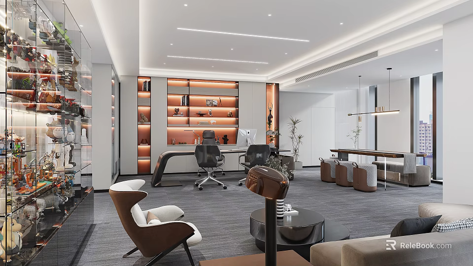 Modern Office Interior Design With Executive Desk Ergonomic Chairs And Stylish Bookshelves 3d model 