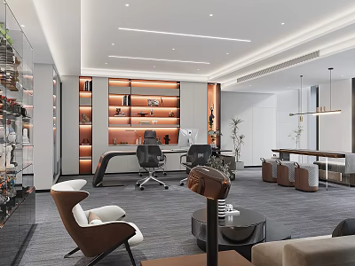 Modern Office Interior Design With Executive Desk Ergonomic Chairs And Stylish Bookshelves 3d model