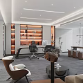 Modern Office Interior Design With Executive Desk Ergonomic Chairs And Stylish Bookshelves
