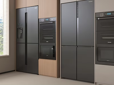 Modern Kitchen Interior With Built in Dark Gray Fridge Cabinet And Oven Appliances 3d model