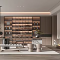 Modern Tea Room Interior Design With Wooden Shelves Tea Sets Lighting And Seating Area
