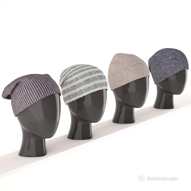 Knitted Hats On Four Mannequin Heads With Various Colors And White Background 3d model 