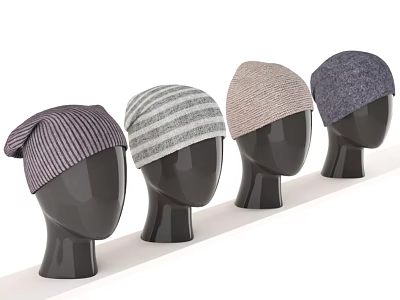 Knitted Hats On Four Mannequin Heads With Various Colors And White Background 3d model