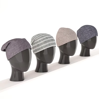Knitted Hats On Four Mannequin Heads With Various Colors And White Background 3d model