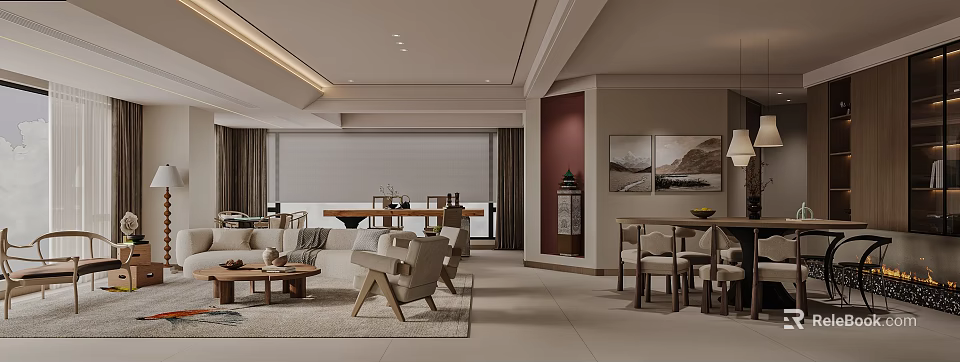 Modern Living And Dining Room Interior With Sofa Dining Table Wall Art And Lighting 3d model