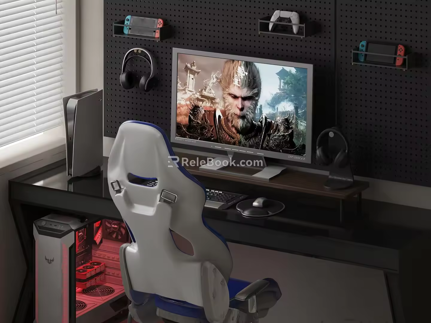 E-sports game table and chair computer headset 3d model