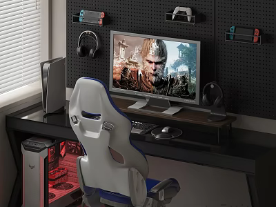 Modern Gaming Desk Setup with Ergonomic Chair Monitor Headphones Pegboard Game Controllers and PC Tower 3d model