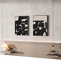 Two Abstract Art Paintings Adorn Bedroom Wall Above Wooden Headboard