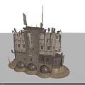 Futuristic Fortress Tower Structure With Antenna Flags Circular Base And Rough Texture 3d model