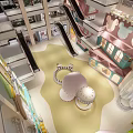 Vibrant Shopping Mall Atrium with Colorful Building Structures Escalators and Ceiling Lights 3d model